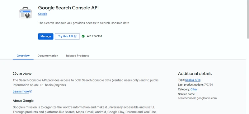 Captură reală Google Cloud care arată serviciul Google Search Console API și starea API Enabled.