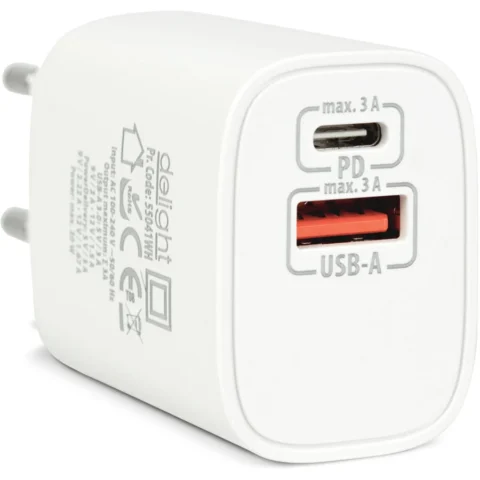Delight Incarcator Priza USB si USB C PD 20W Adaptor Fast Charge Universal Alb