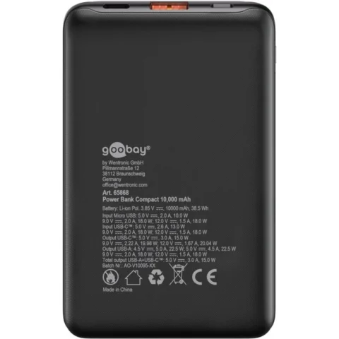 Goobay Tableta Power Bank Compact 10,000 mAh (black, 10 Ah, 1x USB-A, 1x USB-C, Power Delivery, Quick Charge)