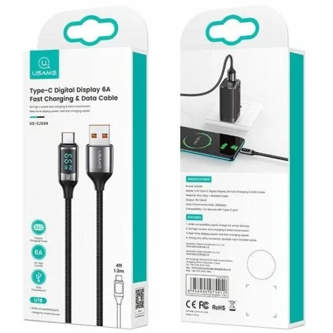 Usams Cablu de date U78, USB-A la USB-C, 66W, 6A, 480Mbps, 1.2m, Negru
