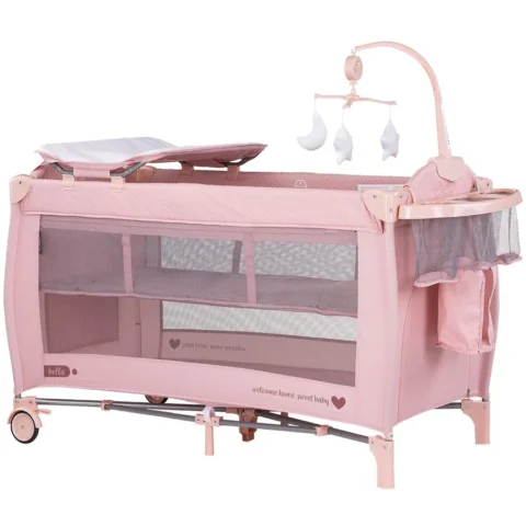 Chipolino Patut Pliabil Bella de la Nastere pana la 15KG Include Saltea de Infasat Carusel si Geanta Transport Roz