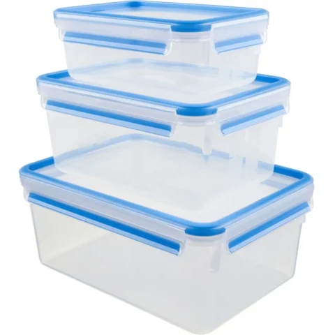 Emsa CLIP & CLOSE food storage container set, 3-piece (transparent/blue, rectangular, 3 containers + 3 lids)