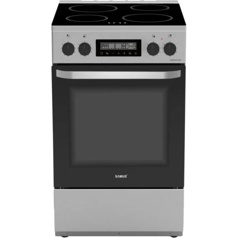 Samus Aragaz Full Electric SM569VDE Plita Vitroceramica cu 4 Zone de Gatit Cuptor 59L Timer Digital Grill Ventilatie 50CM Clasa A Inox/Argintiu