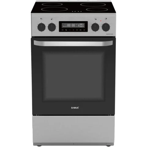 Samus Aragaz Full Electric SM669VDE Plita Vitroceramica cu 4 Zone de Gatit Cuptor 59L Display Digital Iluminare Interioara 60CM Clasa A Inox/Argintiu