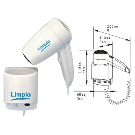 Limpio Uscator de Par pentru Hotel HD120-18A1 cu Suport de Perete Putere 1200W Alb