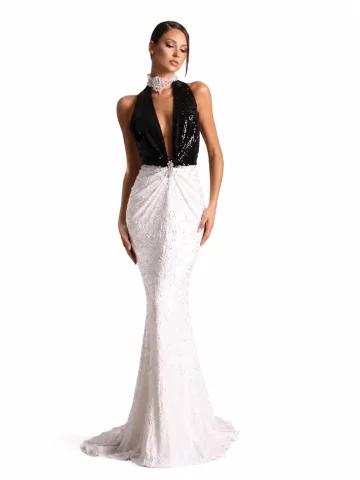 Rochie halter lungă cu corsaj negru și fustă albă — Mărime M