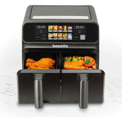 Bewello Friteuza XXL cu Aer 230V 2200W Cos Dublu Display Tactil Color 4+4L Negru