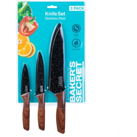 Bakers Secret Set Cutite Bucatarie 3 Piese Inox Protectie Lama Maner Ergonomic