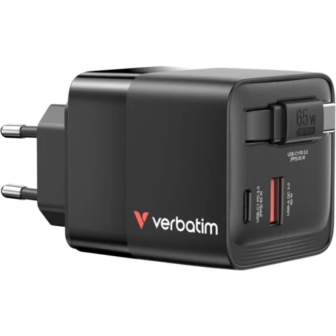 Verbatim GPS GaN charger 65W, 1x USB-A, 2x USB-C, retractable cable (black, PD 3.0, QC 3.0)