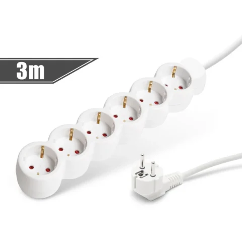 Delight Prelungitor 6 Prize Schuko 3m 16A 3×1.5mm Protectie Copii Stecher 90° Alb