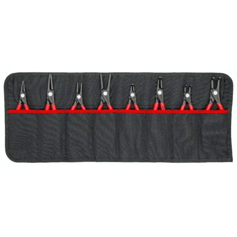 KNIPEX circlip pliers set O 10 – 60mm, 8-piece red, 4x straight tips, 4x 90° tips, in roll-up bag