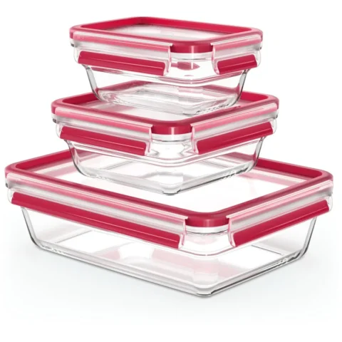 Emsa CLIP & CLOSE glass food storage jar, 3-piece set (transparent/red, rectangular, 3 jars + 3 lids)