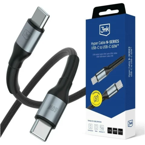 3MK Cablu de date Hyper N-SERIES, 2x USB-C, 60W, 3A, 3m, Negru
