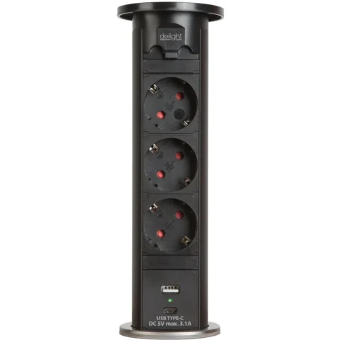 Delight Priza Retractabila Electrica cu Motor 3 Prize Schuko 2x USB 16A Negru