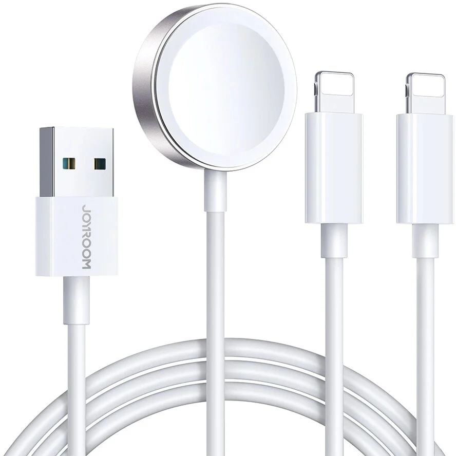 Cablu de date S-IW007 3 in 1, USB la 2x Lightning, Incarcator wireless 3.5W Apple Watch integrat, 1.2m, Alb