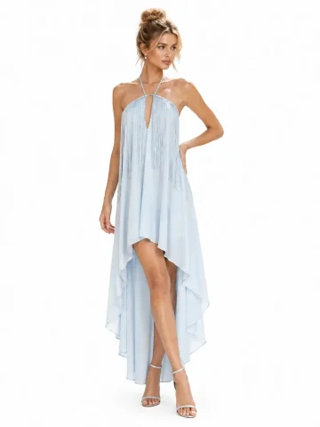 Rochie asimetrică bleu cu franjuri și bretele halter — Mărime S, Culoare Bleu