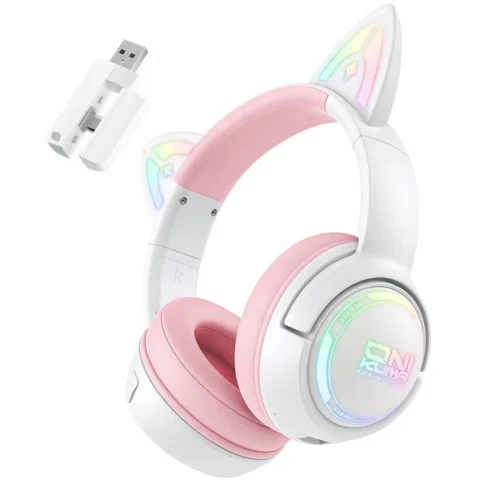 Onikuma Casti Gaming GT838 Wi-Fi 2.4Ghz / BT / USB-C Iluminare RGB Roz