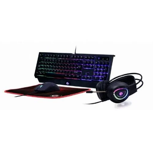 Gembird Kit tastatura si mouse 4-in-1 Gaming Cu Fir Tastatura 104 Taste + Mouse 1600DPI 6 Butoane + Casti Cu Mic 2×3.5 + Pad 300x250mm Backlight USB Negru