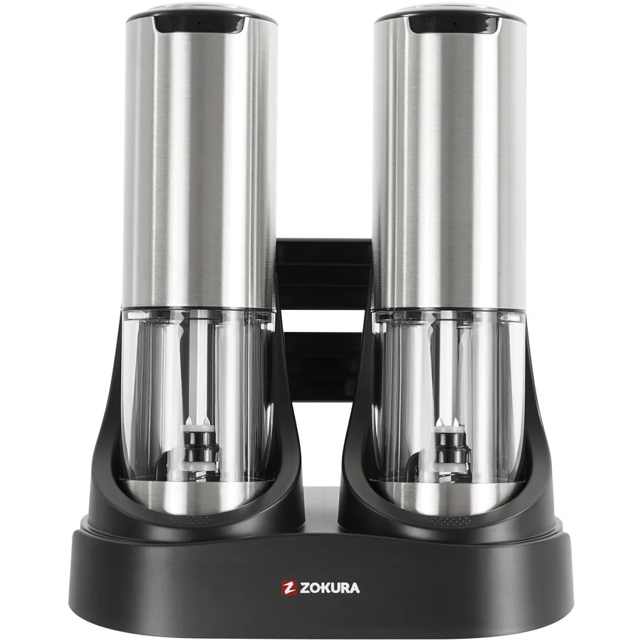 Zokura Set 2 Rasnite pentru Sare si Piper Z1423 cu Baza de Incarcare Inox/Negru