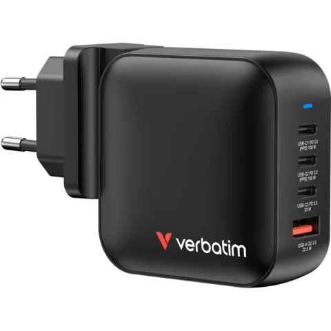 Verbatim GPS Mini GaN Charger 100W 4-Port, 1x USB-A, 3x USB-C (black, PD 3.0, QC 3.0)