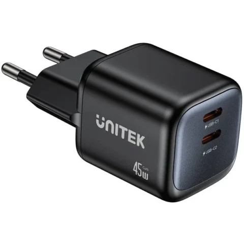 UNITEK Incarcator 2x GAN 45W 2x USB-C PD QC Negru