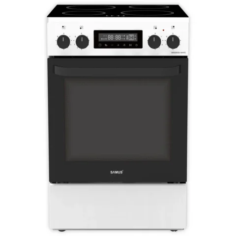 Samus Aragaz Full Electric SM569VDE Plita Vitroceramica cu 4 Zone de Gatit Cuptor 59L Timer Digital Grill Ventilatie 50CM Clasa A Alb