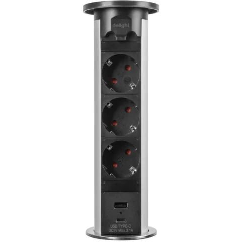 Delight Priza Retractabila Electrica cu Motor 3 Prize Schuko 2x USB 16A Argintiu