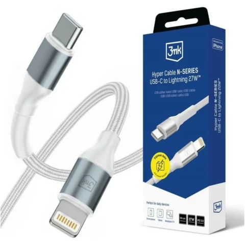 3MK Cablu de date Hyper N-SERIES, USB-C la Lightning, 27W, 3A, 0.5m, Alb