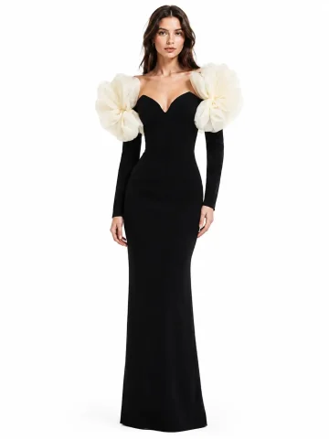 Rochie lungă neagră elegantă cu volume albe pe umeri — Mărime M, Culoare Negru