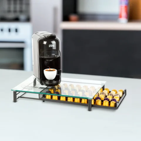 Bewello Suport Capsule Cafea Nespresso 60 Capsule Metal cu Sertar si Blat Sticla Negru Mat