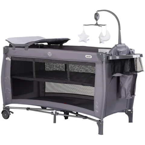 Chipolino Patut Pliabil Bella de la Nastere pana la 15KG Include Saltea de Infasat Carusel si Geanta Transport Charcoal