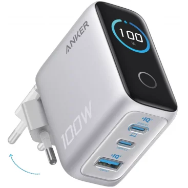 Anker Incarcator Retea Cu Cablu USB-C Smart Display 100W 5A 1 x USB-A – 2 x USB-C Argintiu