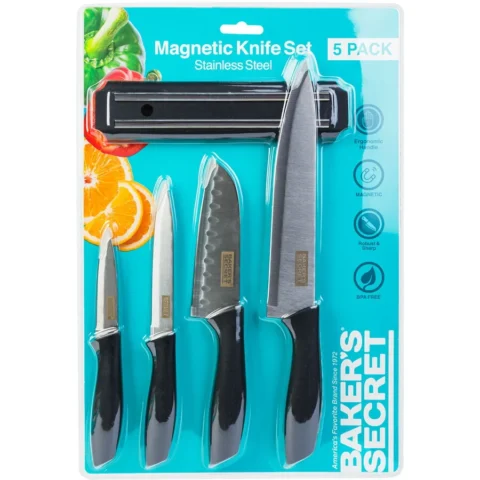 Bakers Secret Set Cutite Bucatarie 5 Piese Cutite Inox cu Suport Magnetic Perete si Maner Ergonomic
