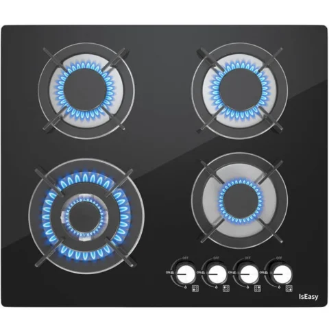 IsEasy Plita Incorporabila pe Gaz MGBG-604B Sticla 4 Arzatoare Aprindere Electrica 60CM Negru