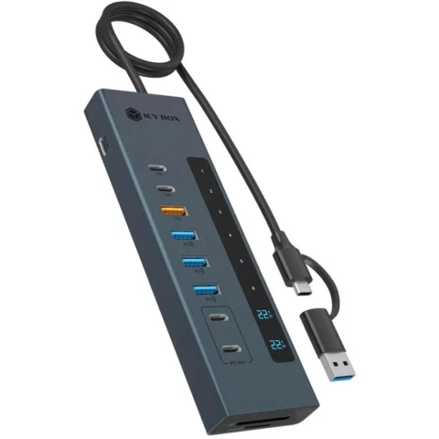 ICY BOX Statie de Andocare IB-HUB1742CR-C2PD USB-A USB-C SD microSD Albastru Deschis