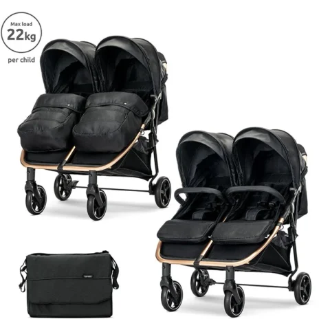 Lorelli Carucior pentru Gemeni Duo pana la 22Kg per Copil Cadru din Aluminiu Spatar Reglabil Pozitii Multiple Geanta pentru Mama Inclusa Black