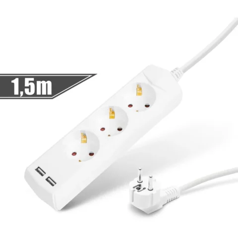 Delight Prelungitor 3 Prize Schuko 1.5m 2x USB 2.1A 16A Protectie Copii Alb
