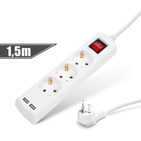 Delight Prelungitor 3 Prize Schuko 1.5m 2x USB 2.1A Intrerupator 16A Protectie Copii