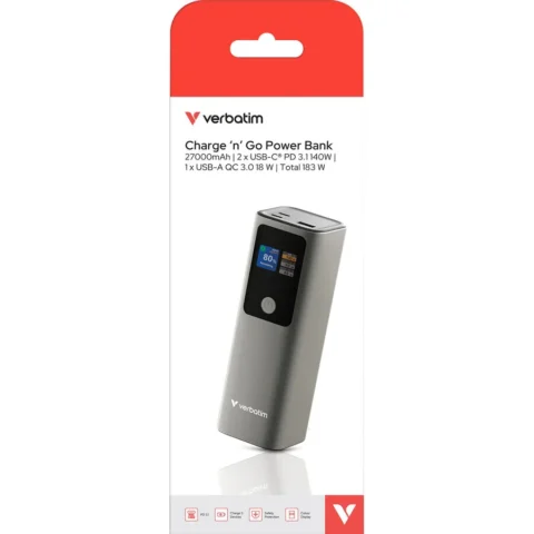 Verbatim Acumulator Extern Charge ‘n’ Go 32269 Capacitate 27000mAh 2x USB-C 1x USB-A Gri