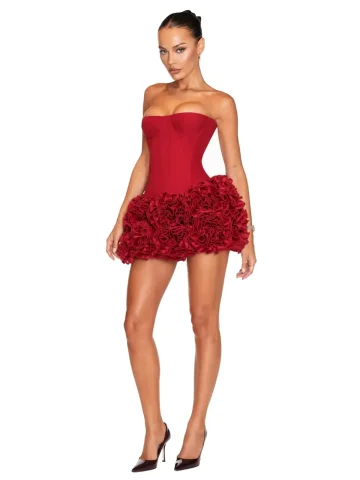 Rochie roșie scurtă cu corset și fustă din trandafiri — Mărime M, Culoare Roșu