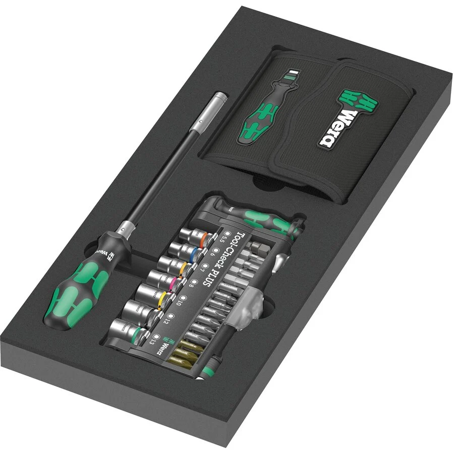 Wera 9750 Kraftform Compact and Tool-Check PLUS Set 1, 57-piece tool set (black/green, socket wrench and bit set, in foam insert for workshop trolley)
